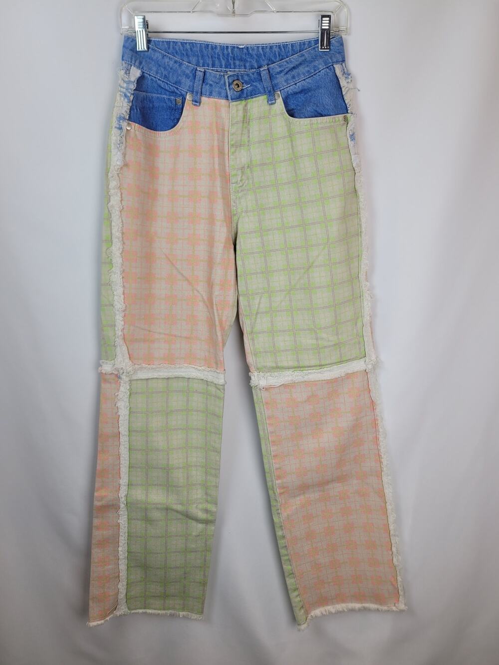 The Ragged Priest Colorblock Patchwork Checkered Jeans Lime Green Salmon Blue 26